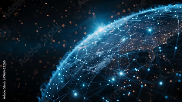 Fototapeta Abstract digital planet Earth representing global connectivity with glowing dots and lines, featuring blue frosted glass and white acrylic materials, emphasizing technological transparency and high 