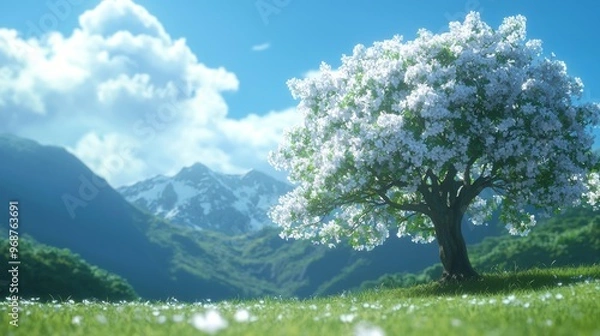 Obraz Enchanting anime landscape, vibrant colors, intricate details, immersive atmosphere, serene hills, whimsical flora, dreamlike skies, captivating visual storytelling, artistic elegance.