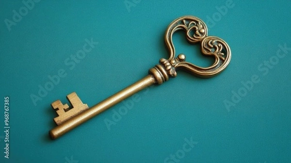 Fototapeta An antique golden key with a heart-shaped handle on a teal background, emphasizing its vintage charm and intricate design
