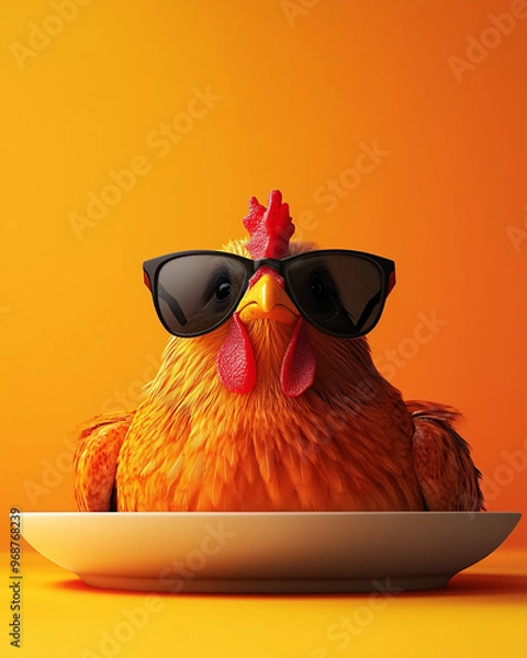 Fototapeta A chicken wearing sunglasses sitting on an empty plate, against an orange background, in a funny and humorous style. Minimalism. Advertising poster.