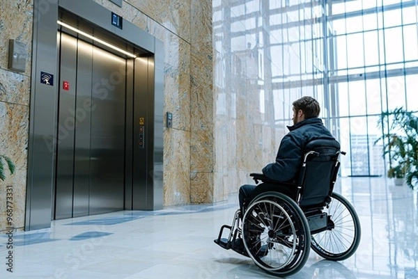 Obraz Man in Wheelchair Waiting for Elevator.