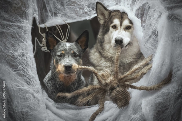 Fototapeta Halloween portrait of two dog in a web