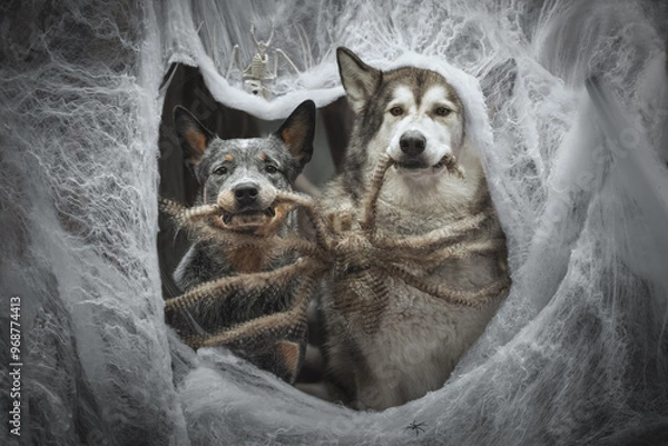 Fototapeta Halloween portrait of two dog in a web