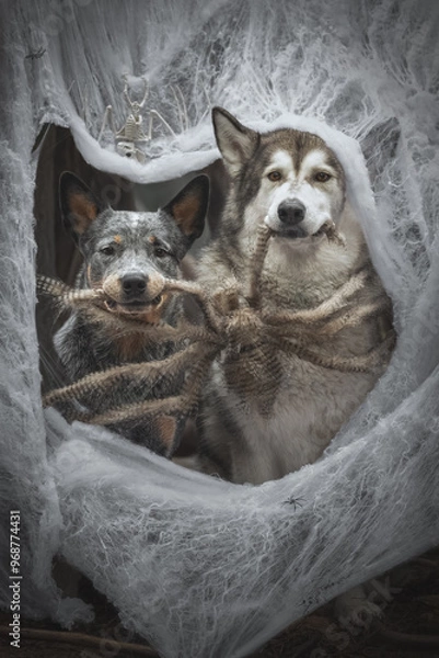 Fototapeta Halloween portrait of two dog in a web