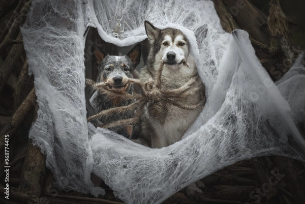 Fototapeta Halloween portrait of two dog in a web