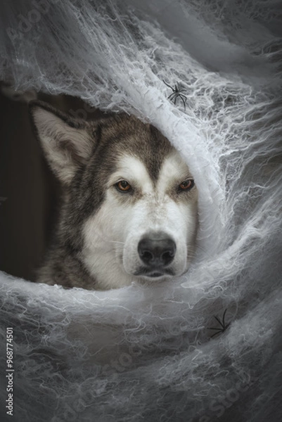 Fototapeta Halloween portrait of dog in a web