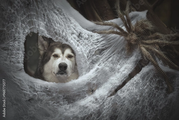 Fototapeta Halloween portrait of dog in a web