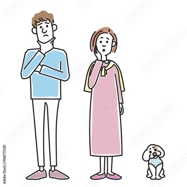 Fototapeta おしゃれな若い夫婦と可愛い子犬
