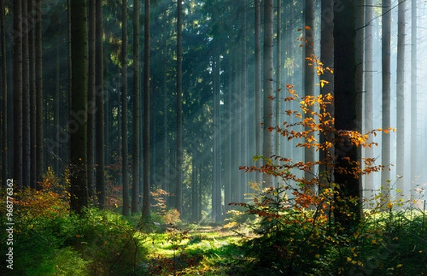 Fototapeta Forest of Spruce trees in Autumn with the sun shining through morning fog