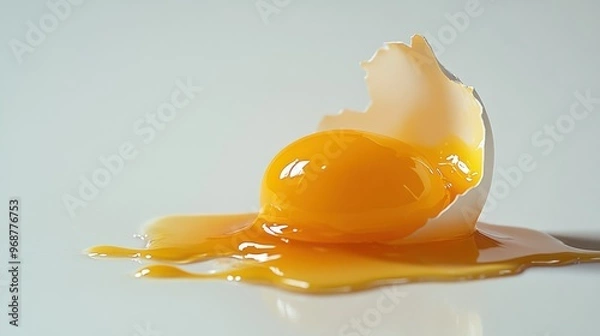 Fototapeta A Cracked Egg with a Runny Yolk on a White Surface