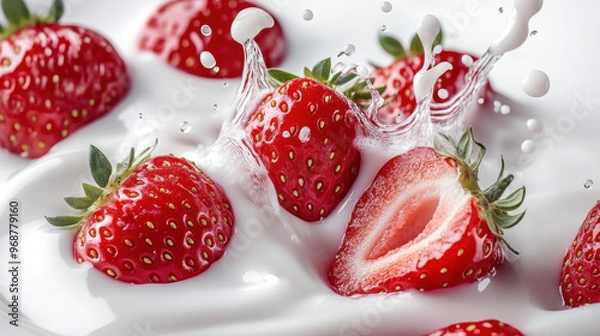 Obraz Fresh strawberry splashing into creamy yoghurt isolated on white background.