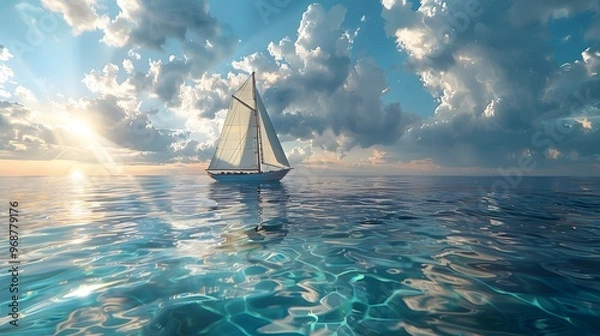Fototapeta A sailboat glides effortlessly over clear blue water, its wake creating gentle ripples while the sky is beautifully mirrored on the surface.