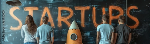Fototapeta Young people brainstorming startup ideas in a creative workspace with a rocket model