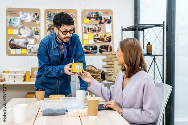 Obraz Creative Office Team Meeting , discussion reusable product, implementing environmental protection for clean and sustainable future ecology, warming social issues project, ESG social governance ideas