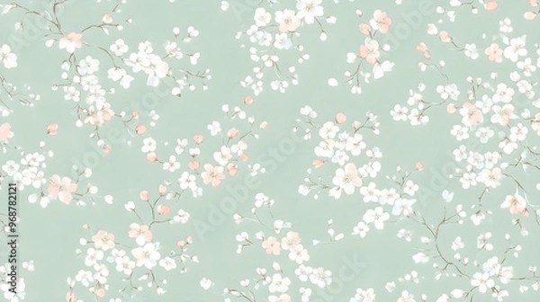 Fototapeta Watercolor Floral Pattern with White and Pink Flowers on a Green Background