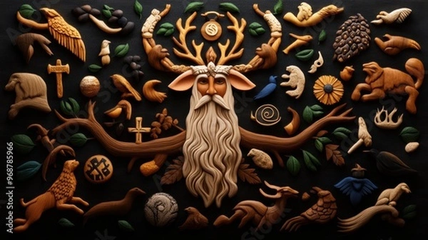 Fototapeta Intricate illustration of nature and wildlife featuring a majestic deer head, lush foliage, and various animal representations.