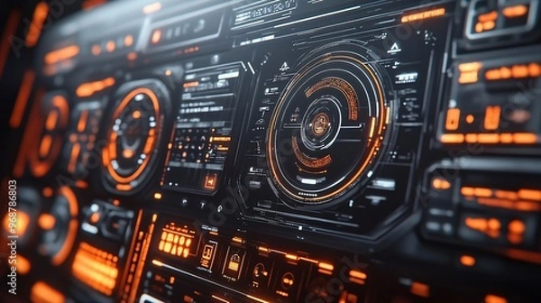 Fototapeta Futuristic holographic interface with transparent floating buttons and touchscreens 3D user interaction elements for a high-tech digital experience Large space for text in center Stock photo with