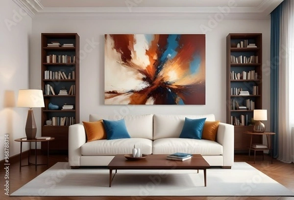Fototapeta Photo modern style interior room 3d illustration Interior,Kitchen,Washrooms frame living room with colorful white sofa,led with blank frame