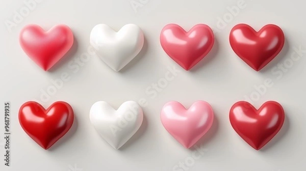Fototapeta Colorful assortment of heart-shaped decorations displayed on a neutral background for Valentine's Day or romantic occasions