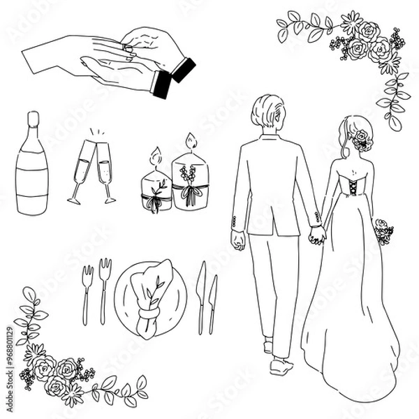 Obraz ウェディングのお洒落な線画アイコンイラスト