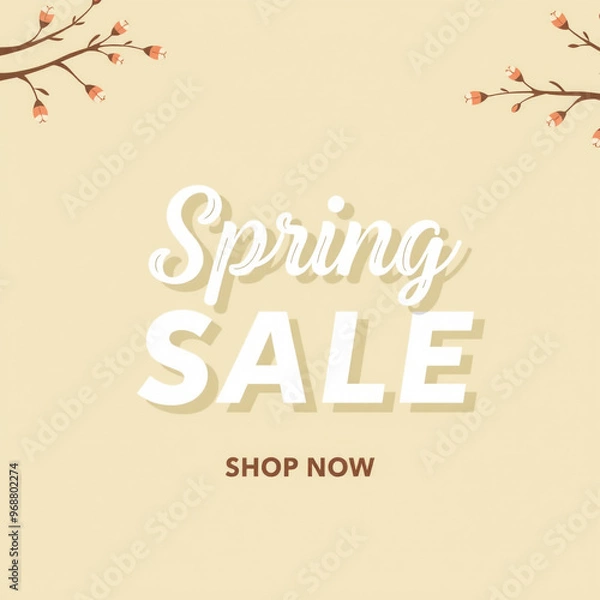 Fototapeta A minimalistic spring sale banner featuring "Spring SALE" in white text with a beige background, surrounded by blooming cherry blossom branches
