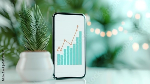 Obraz Mobile App Growth Metrics, A vibrant 3D illustration showcasing an upward-trending graph, symbolizing stock market investment growth in a clean, minimalistic design.