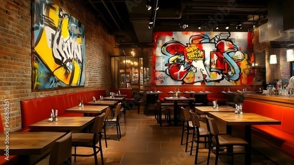 Fototapeta A modern, urban restaurant interior with graffiti art on the walls, exposed brick, and a mix of high-top tables and booths