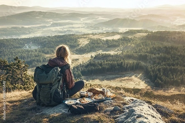 Fototapeta Female hiker enjoying a scenic view from a high vantage point with a picnic spread. The expansive landscape and her gear are visible
