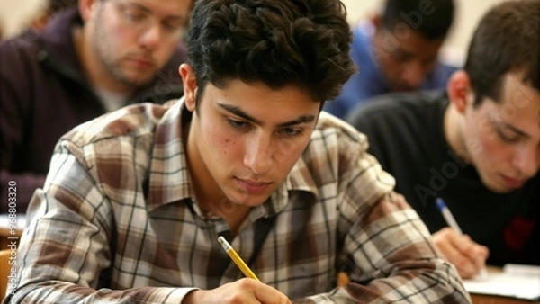 Obraz Group of high school students doing exam at classroom