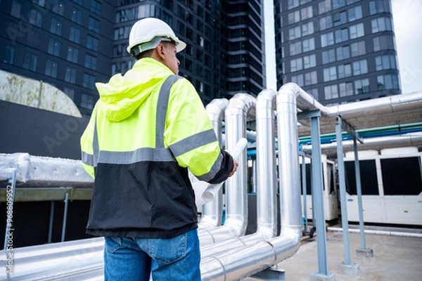 Fototapeta The technician carefully inspecting a section of pipeline during a construction project, emphasizing safety and precision in infrastructure development.