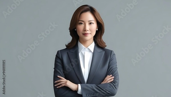 Fototapeta A professional headshot of a businesswoman wearing a formal suit, posed against a solid light grey background, with even lighting that accentuates her focused and composed expression