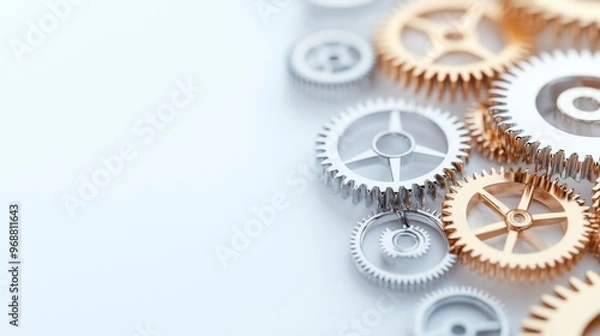 Fototapeta Shiny metal gears in various sizes arranged on a white background, showcasing intricate details and textures, emphasizing minimalism and simplicity in design
