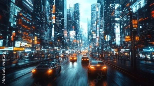 Fototapeta AI-driven smart cities where every building and vehicle is interconnected: A city where all infrastructure communicates to optimize efficiency.