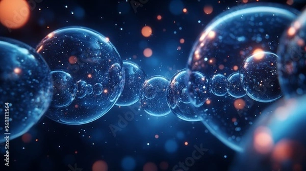 Fototapeta Vibrant abstract image of interconnected spheres against a dark backdrop, showcasing bubbles and glowing particles.