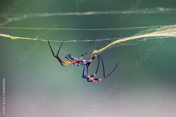 Obraz Spider spinning a web with blurred background