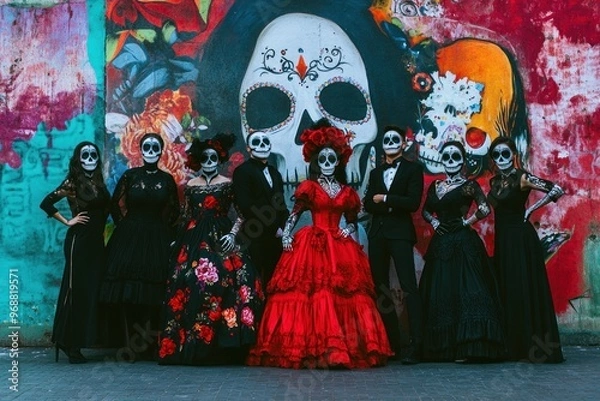 Fototapeta A group of people in traditional attire with skull face paint poses against a colorful mural.