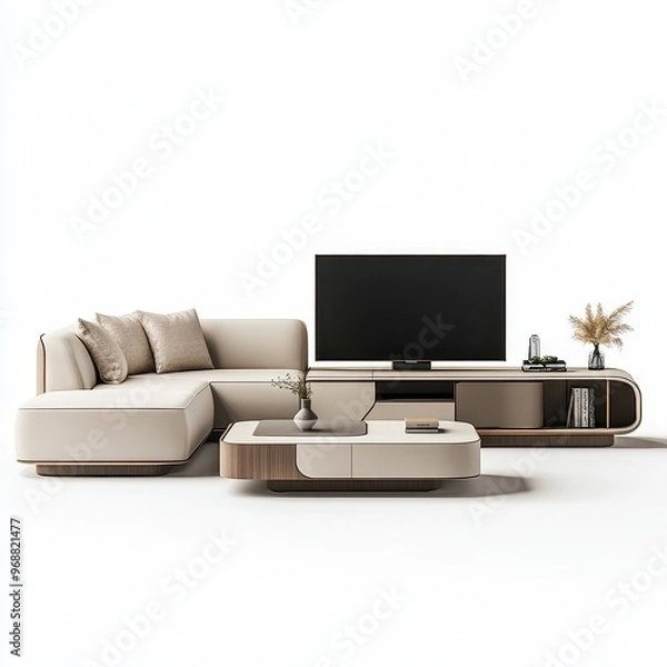 Fototapeta Modern living room setup featuring a sectional sofa, TV, and coffee table.
