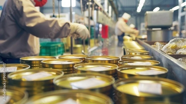 Fototapeta Workers in a quality control area inspecting and testing canned food products