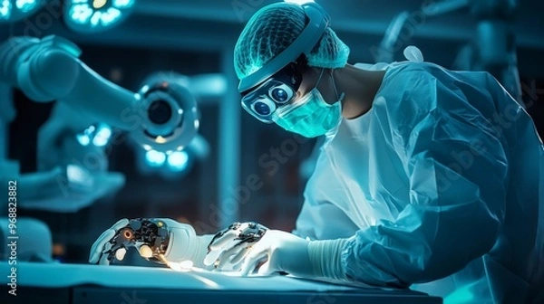 Fototapeta AI-powered robotic arms performing complex surgeries with precision: Autonomous surgical assistants supporting doctors in the operating room for more accuracy.