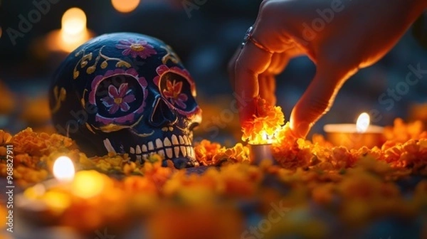 Fototapeta A colorful sugar skull surrounded by marigold flowers and candles, symbolizing D?a de los Muertos.
