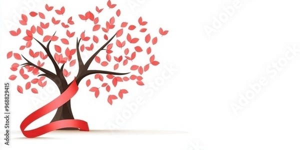Fototapeta Silhouette of a tree with red ribbon-shaped leaves, symbolizing growth and hope in the fight against HIV, World AIDS Day