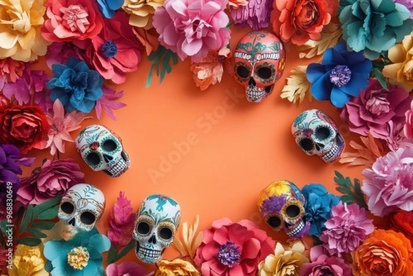 Fototapeta A vibrant arrangement of decorative skulls surrounded by colorful paper flowers on an orange background.