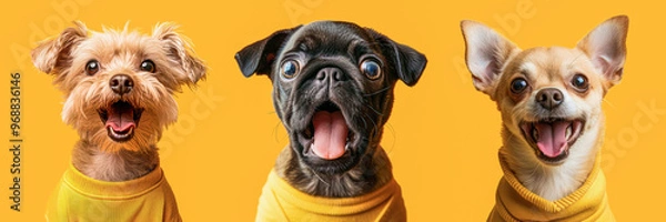 Fototapeta Funny cute puppy surprised in yellow hoodie wonder, shocked, creative minimal concept on yellow background. Wow! Hipster puppy dog amazed screaming in fashionable outfit for sale, shopping, advert