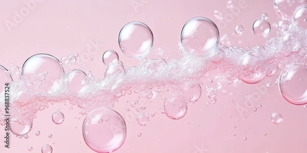 Fototapeta Clear cosmetic foam featuring sparkling bubbles on a soft pink background during a beauty product shoot