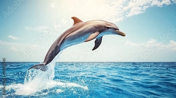 Fototapeta A dolphin leaps out of the water, its body arched in mid-air, against a backdrop of a bright blue sky and sparkling water.
