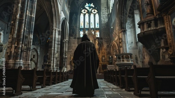 Fototapeta A man in a black cloak stands in a large church