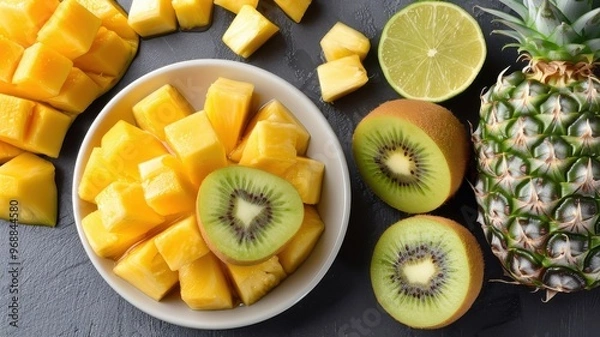 Fototapeta A colorful fruit salad with pineapple, mango, kiwi, honey, and lime juice.