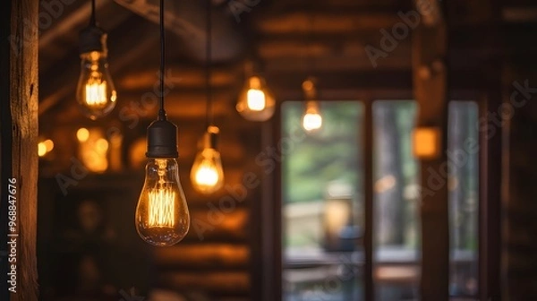 Fototapeta Turn on the light: A group of incandescent bulbs glowing warmly in a cozy, rustic cabin, the light reflecting off wooden beams and soft furnishings, the mood is relaxed and inviting,