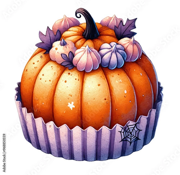 Fototapeta A whimsical pumpkin cupcake topped with colorful frosting and decorative leaves, perfect for autumn celebrations and Halloween.