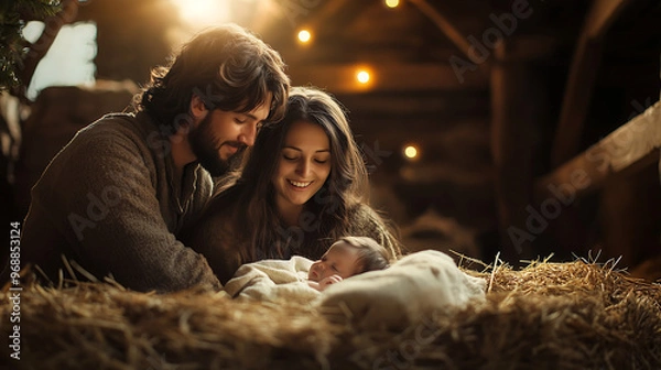 Fototapeta A serene Christmas nativity scene with Mary and Joseph tenderly gazing at baby Jesus lying in a humble manger